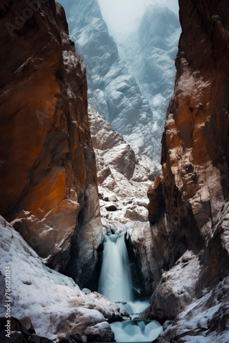 a snowy canyon with a waterfall, surrounded by misty mountains, creating a serene and majestic scene