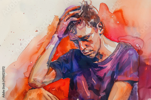 A watercolor painting of a man standing with his hand on his head, showcasing expression and emotion through art