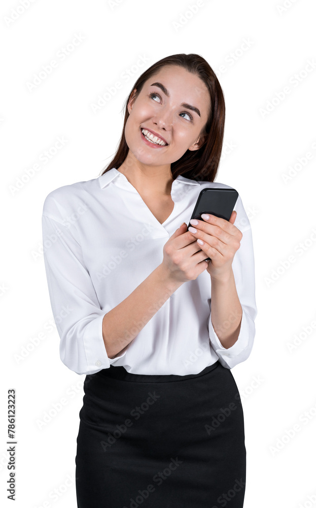 A smiling woman in business attire holding a smartphone on a white background, depicting professionalism and connectivity