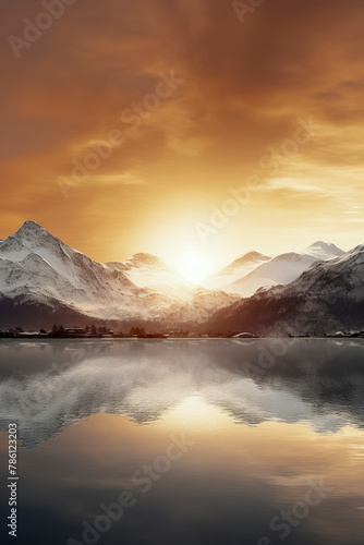 A tranquil sunset scene with snowy mountains reflected in a still lake, exuding peace and natural beauty