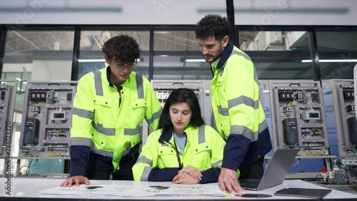 Group of multiethnic engineer researching and developing a robotics arm in scientific technology laboratory. Technician examining Industrial robot machine. Automated and manufacturing factory concepts