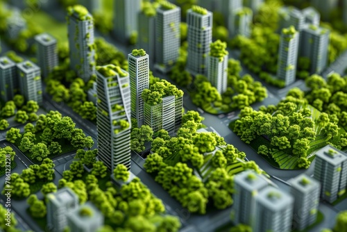 A cityscape with tall buildings and green trees in cartoon model style