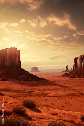 A serene desert landscape at sunset, with towering rock formations and a lone figure, evoking solitude and reflection