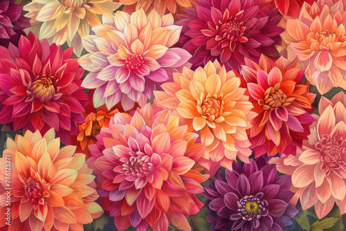A vibrant painting featuring a bunch of colorful flowers in full bloom, showcasing a variety of hues and shapes © sommersby