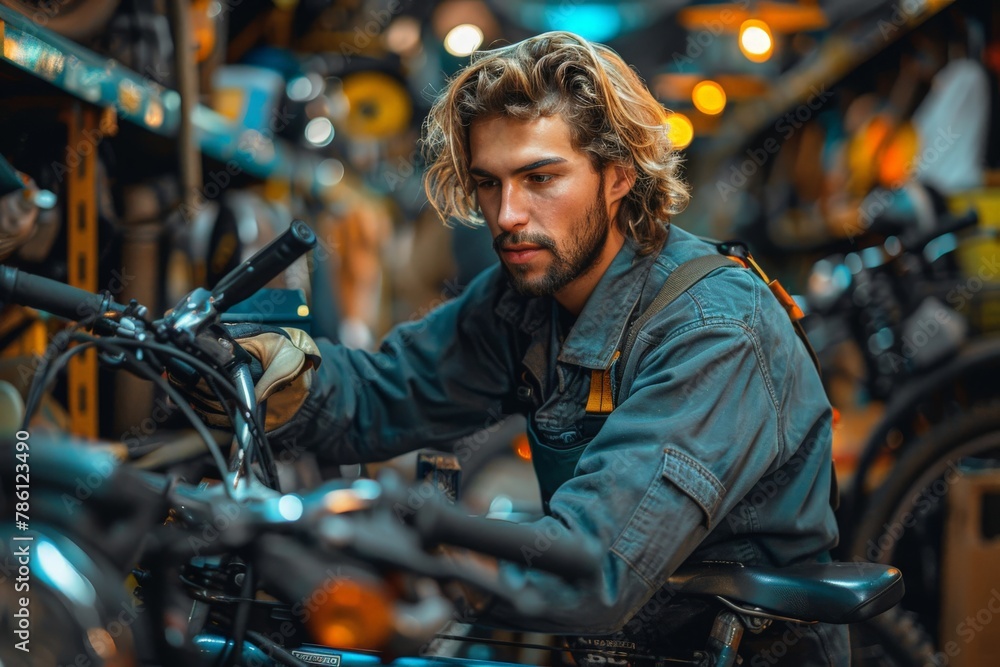 An in-depth look at a young mechanic tuning a motorcycle in a cluttered workshop setting An in-depth look at a young mechanic tuning a motorcycle in a cluttered workshop setting