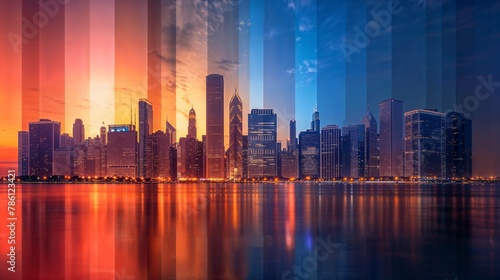 AI generated illustration of a cityscape at night with buildings reflecting in water