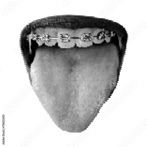 Halftone dotted open mouth with tongue and braces. Vector textured female lips, teeth for trendy y2k retro collage
