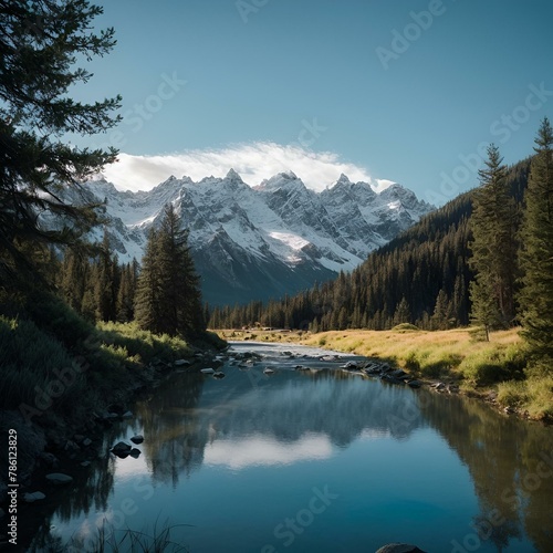 mountains towering over a stream in the valley below a snow covered mountain range