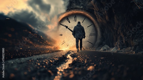 AI-generated illustration of a man walking towards a giant clock. Time-Travel Adventure
