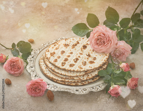 Matzah bread served on silver tray on a rustic wooden table with pink roses, bokeh heart lights. The traditional spirit of Passover. major jewish holiday