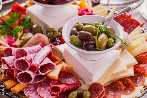 Variety of appetizers on dinner table salami, cheese, olives, capers, pepperoni