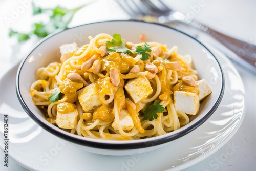 Vegan curry pasta with tofu and peanuts