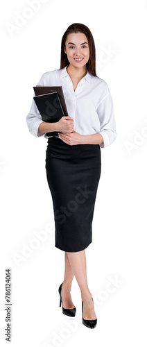 A professional woman holding a notebook, dressed in business attire, isolated on a white background