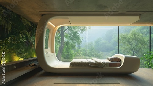 A sleep pod in a room designed for optimal rest, with a wall-sized window overlooking a serene forest