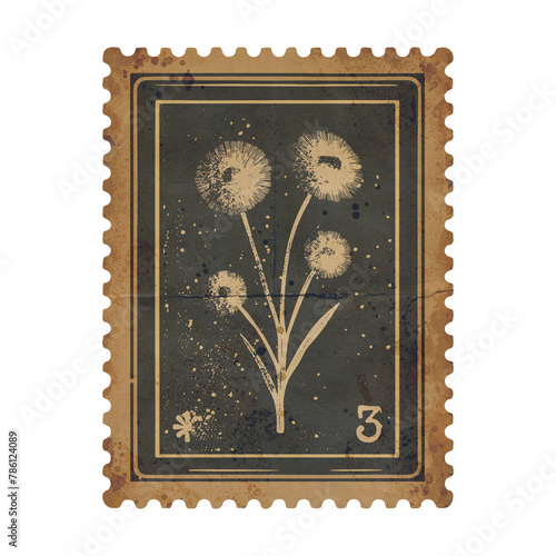 Vintage Botanical Dandelion Postage Stamp Design with Grunge Texture. Time-Worn Elegance for Scrapbooking