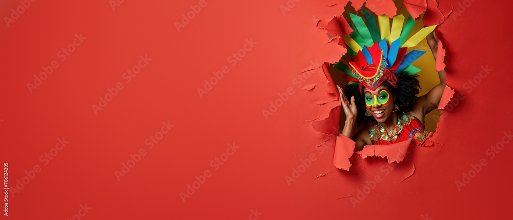 A smiling lady in an ornate carnival costume peers from a red paper tear, showcasing lively celebration A smiling lady in an ornate carnival costume peers from a red paper tear, showcasing lively celebration