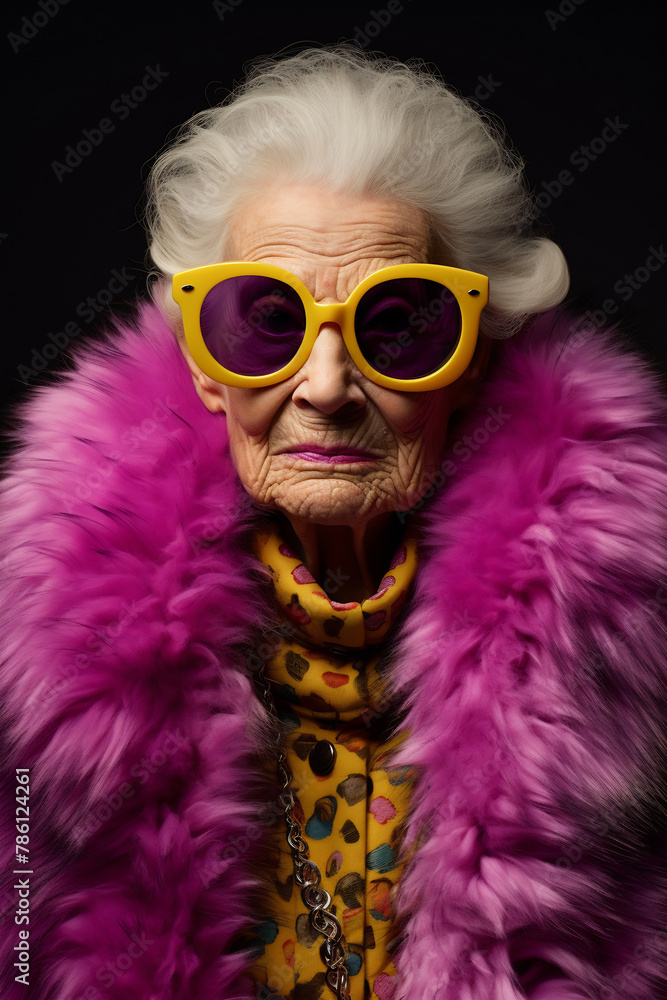 Stylish Senior Lady in Purple Fur and Floral Dress Stylish Senior Lady in Purple Fur and Floral Dress