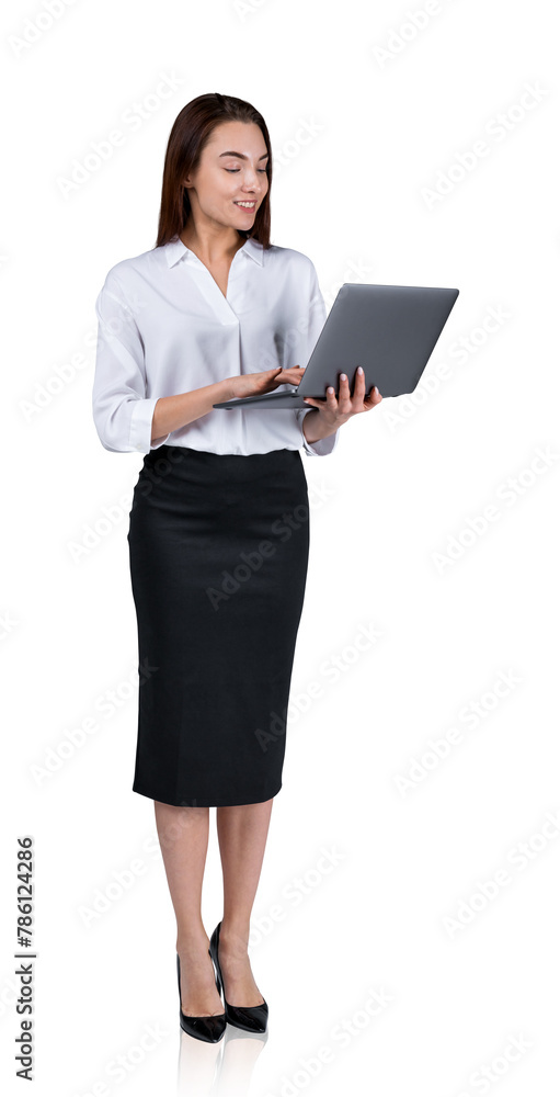 A professional woman in business attire using a laptop against an isolated white background, depicting modern business concepts A professional woman in business attire using a laptop against an isolated white background, depicting modern business concepts