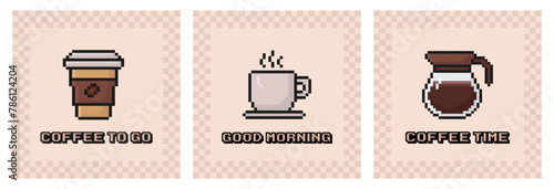 coffee pixel art poster set, 80s, 90s arcade game style, coffee cup, mug, pot, postcard, nostalgia, latte, cappuccino, espresso, vector illustration
