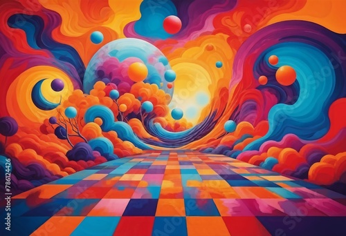 AI generated illustration of vivid colors and abstract shapes on checkered floor