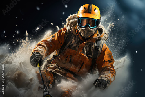 A man is skiing down a snowy slope while wearing an orange and black snow suit