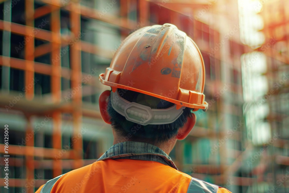 Hard Hat and Cone Safety: Close-Up of Worker in Helmet Repairing Under Construction Site Hard Hat and Cone Safety: Close-Up of Worker in Helmet Repairing Under Construction Site