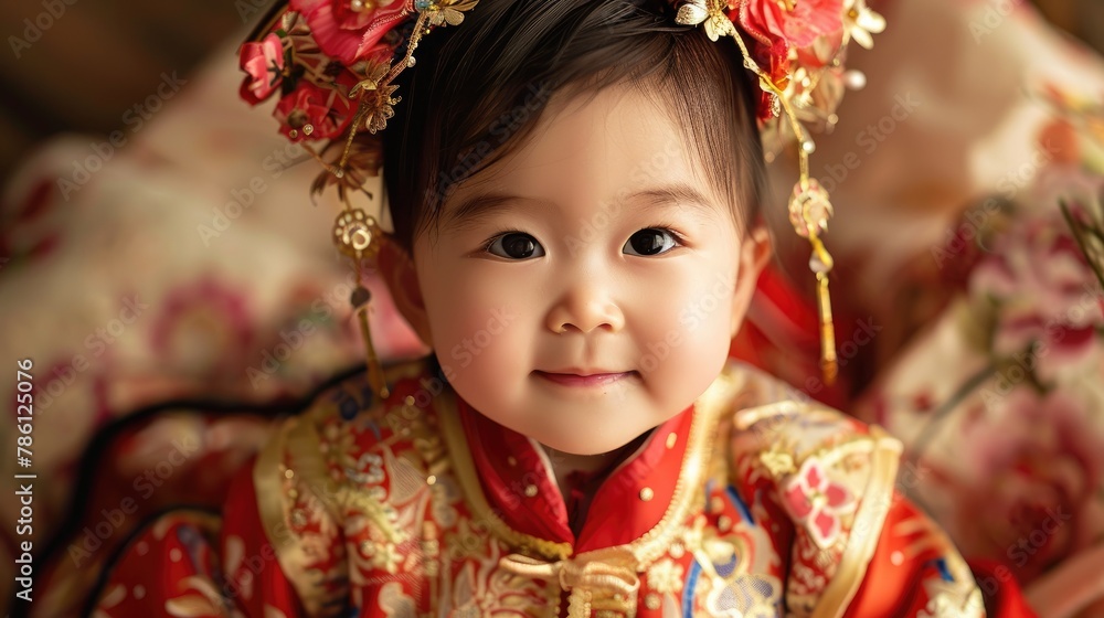 Adorable baby girl wearing traditional Chinese attire