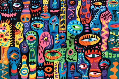 colorful illustration of people from different backgrounds and shapes on a black background
