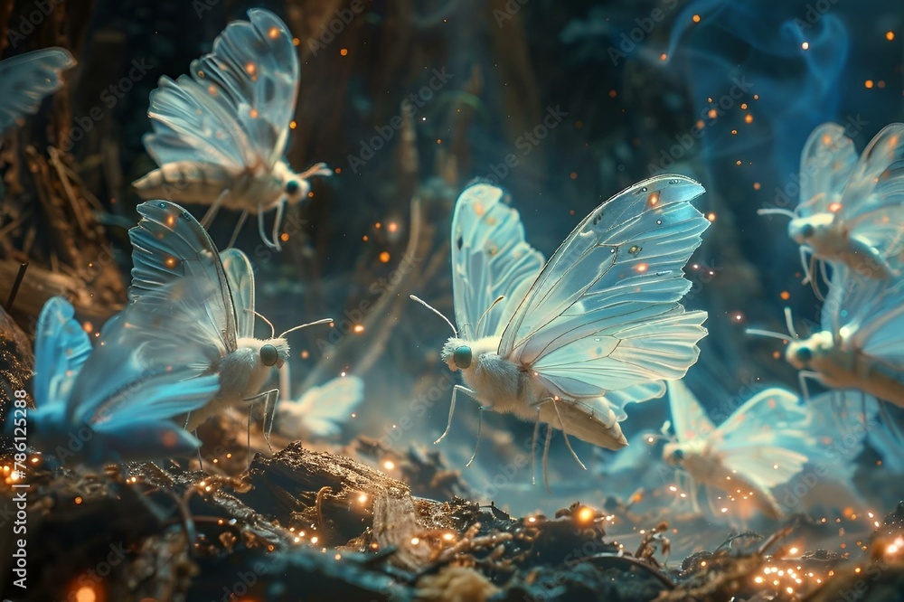 AI generated illustration of a cluster of butterflies forming a magical fairy realm