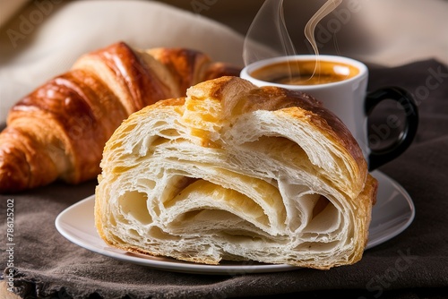 Airy and light croissant cut in half with espresso