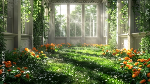 Fantasty Green fairy tale botanical garden fantasy greenhouse design, lovely greenhouse with flowers © Zero Zero One