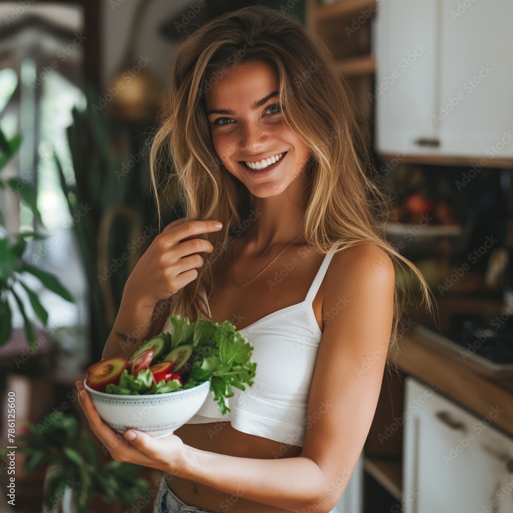 Young woman in a bra top holds a bowl of fresh vegetables, AI-generated.