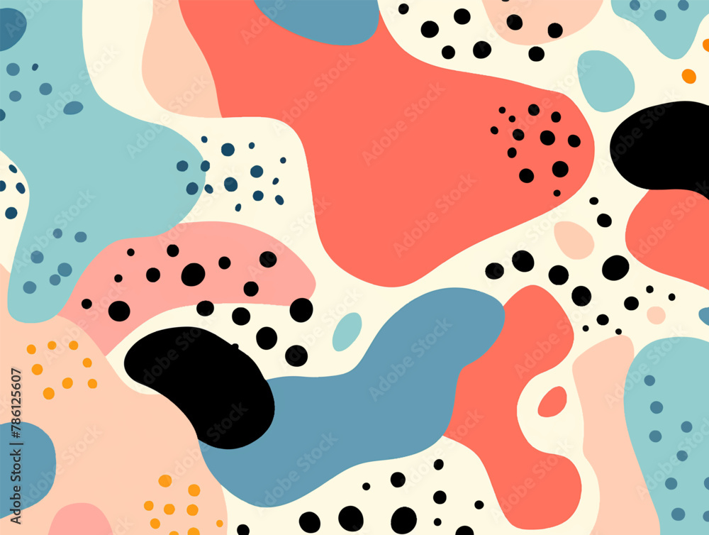 Hand drawn flat design abstract doodle pattern, terrazo pattern, pastel color with black dot