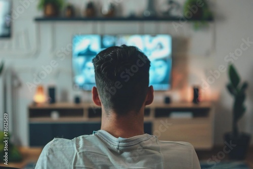 Man Watching TV in Living Room with Remote Control and Hardwood Furniture