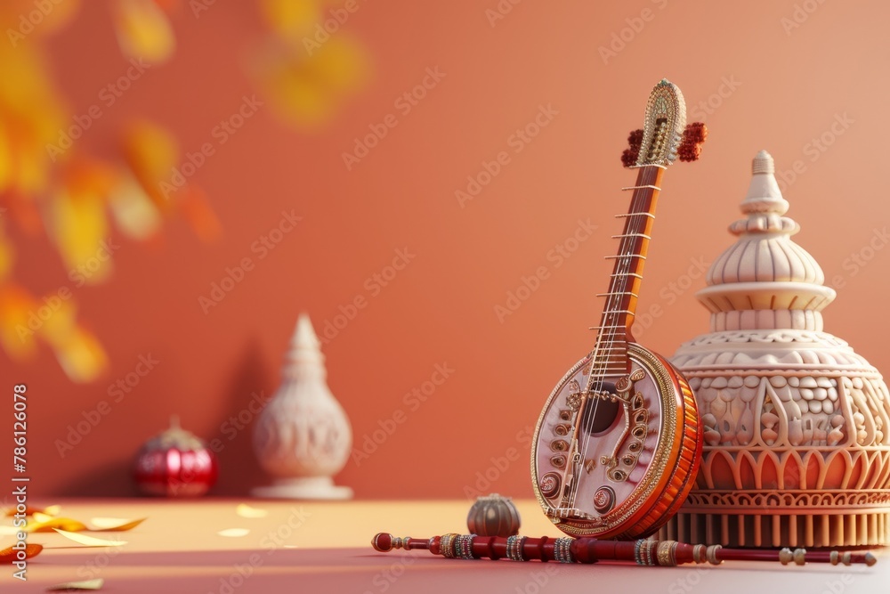 A guitar, a drum and a basket of leaves are on a yellow background in Indian style. A guitar, a drum and a basket of leaves are on a yellow background in Indian style.