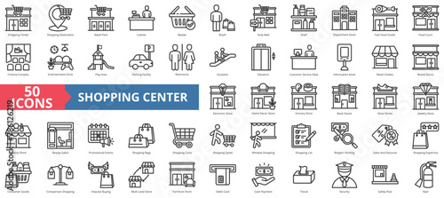 Shopping center icon collection set. Containing destination, retail park, cashier, basket, buyer, strip mall, shelf icon. Simple line vector.