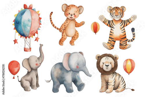 Set of decorative funny kids circus magic fairy wand and clown trick design vintage icons set doodle color sketch vector illustration