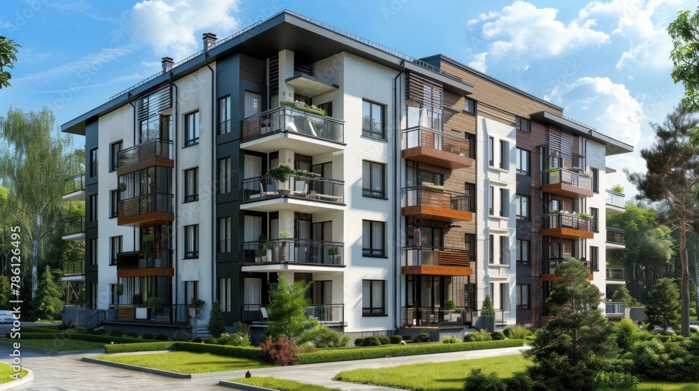 Fototapeta premium Residential apartment building with a white facade, glass balconies and green lawns in front of the house