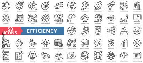 Efficiency icon collection set. Containing productivity, optimization, resource utilization, effectiveness, streamlining, lean processes, time management, cost icon. Simple line vector.