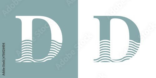 Logo Nautical. Letra inicial D con olas de mar