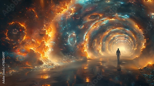 AI generated illustration of a figure faces the fiery gateway of planet photo