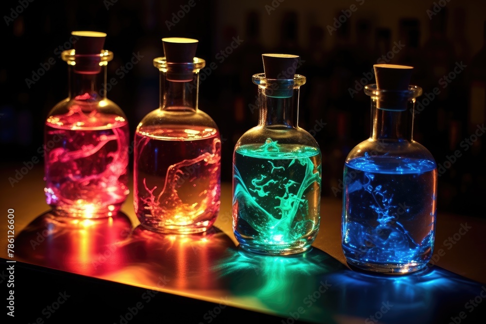 Glowing Potion Bottles: Fill bottles with different colored drinks and place them on a backlit surface. Glowing Potion Bottles: Fill bottles with different colored drinks and place them on a backlit surface.