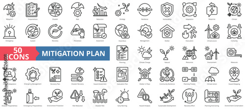 Mitigation icon collection set. Containing preparedness, disaster, risk, reduction, strategy, resilience, vulnerability icon. Simple line vector.