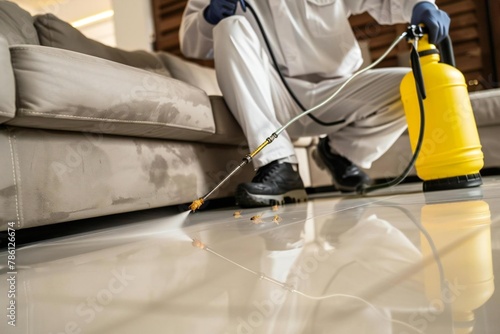 Professional Pest Control Worker Spraying Insecticide for Termite Extermination in Home photo