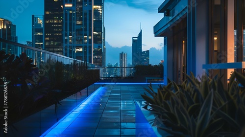 AI generated illustration of a modern rooftop with a pool at night