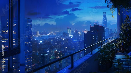AI generated illustration of a night view of an outdoor terrace with illuminated buildings