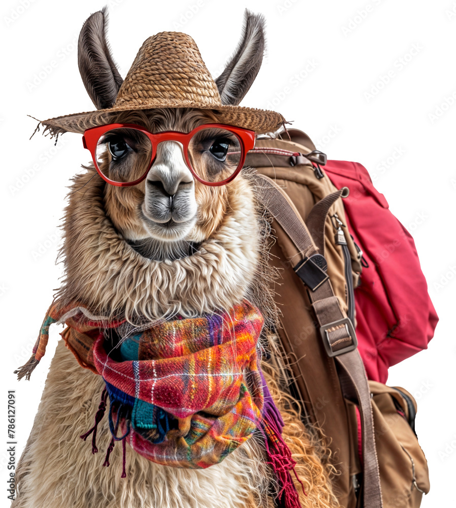 Naklejka premium Portrait of a llama wearing tourist clothes and a backpack, isolated on a white background