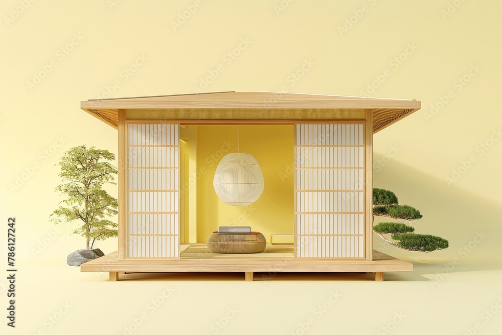 small cozy Japanese-style home with a tatami mat floor and a sliding door in model style small cozy Japanese-style home with a tatami mat floor and a sliding door in model style
