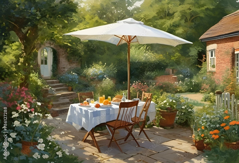 AI generated illustration of an outdoor breakfast table set with a white umbrella on the patio