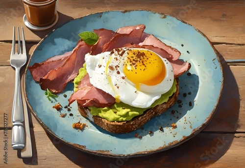 AI generated illustration of an open-faced sandwich with a fried egg on a blue plate